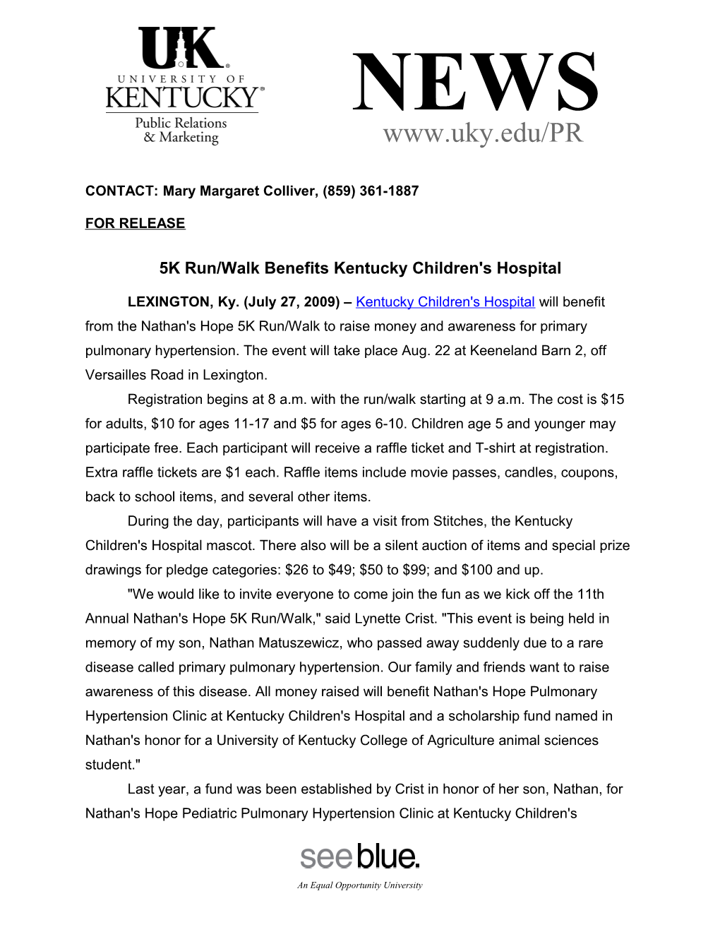 5K Run/Walk Benefits Kentucky Children's Hospital
