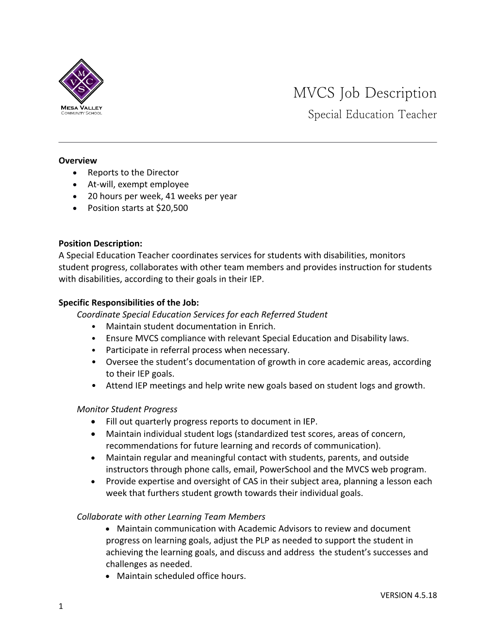 MVCS Job Description