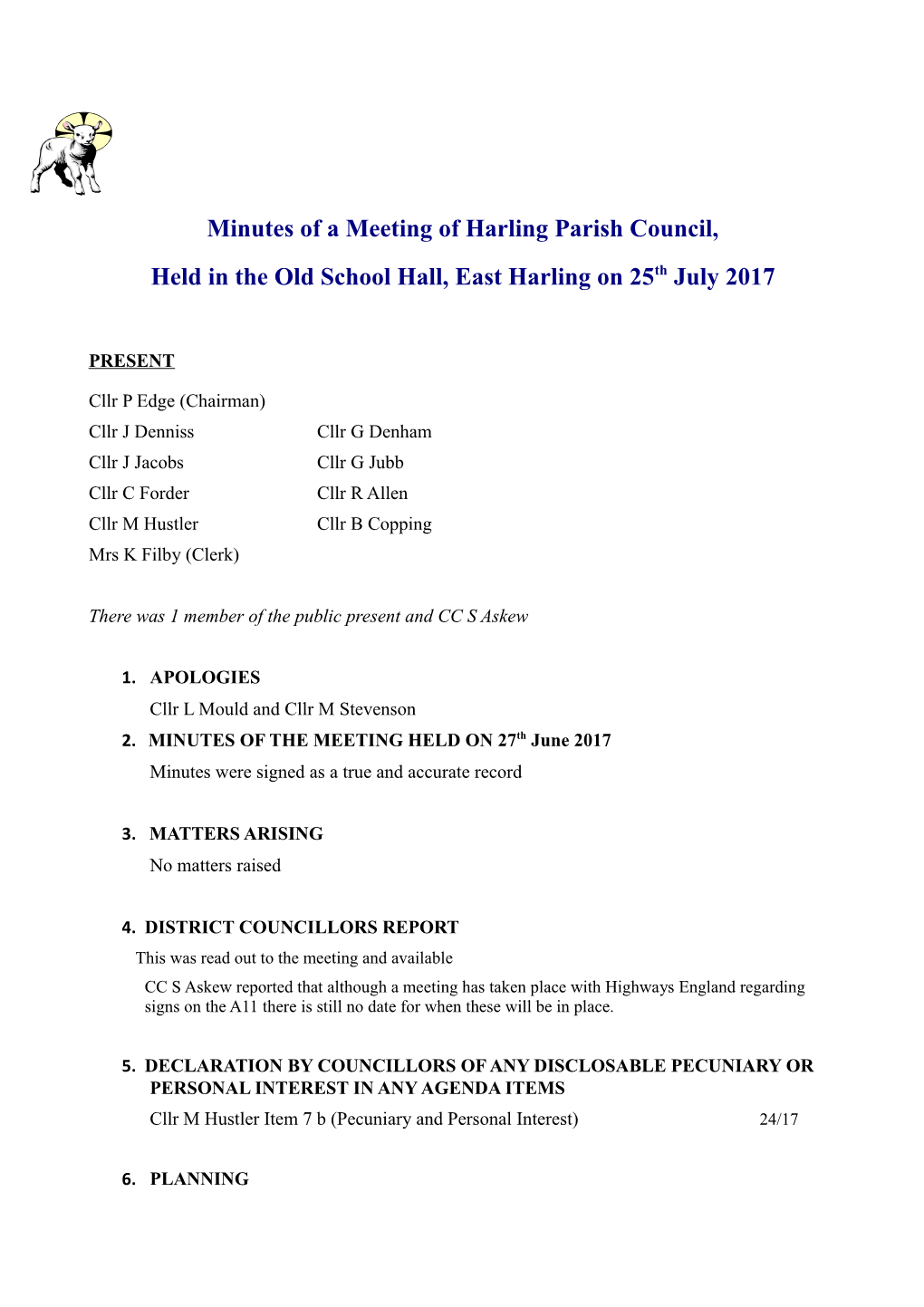 Minutes of a Meeting of Harling Parish Council s1