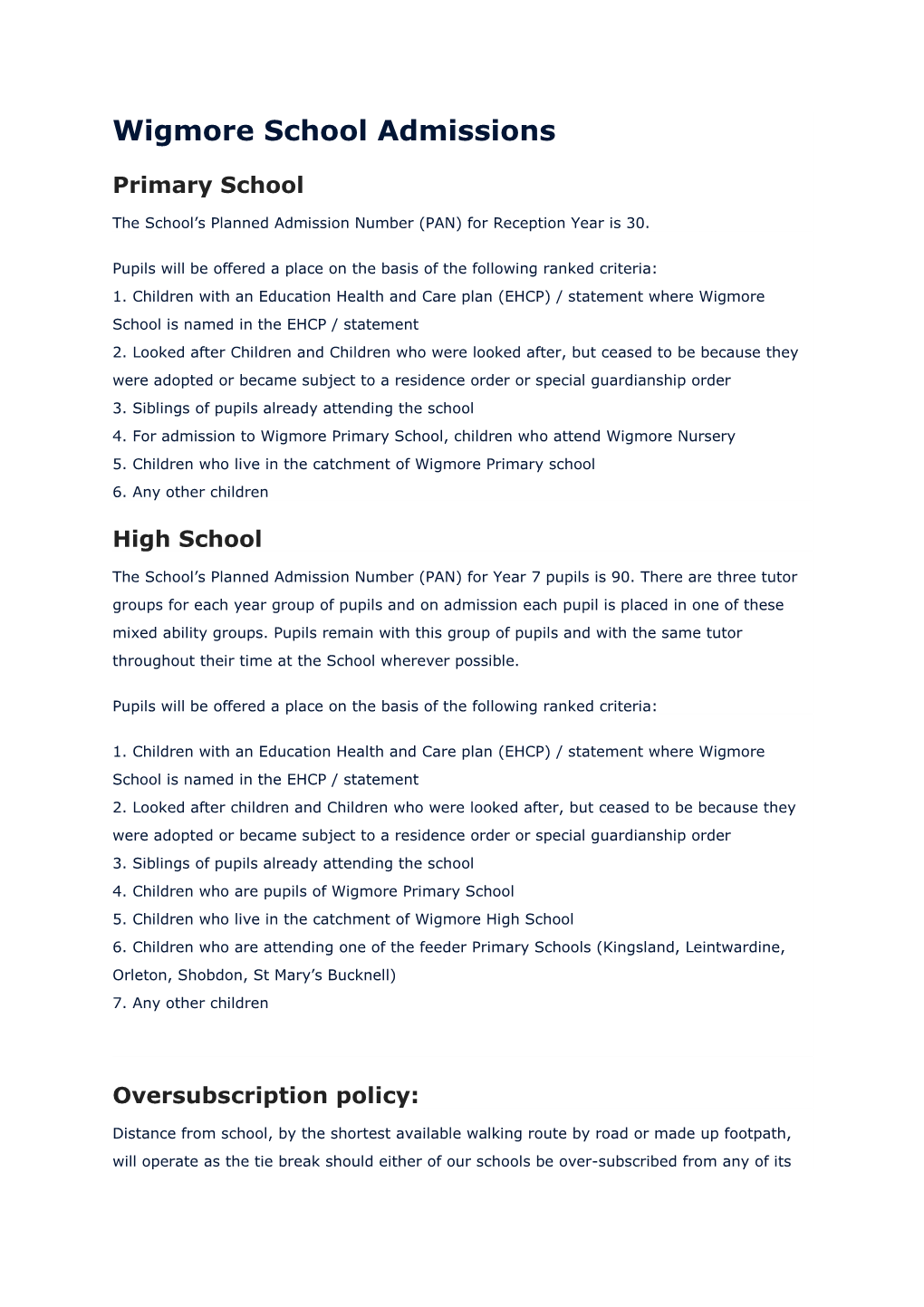 Wigmore Academy Admissions Arrangements 2017/18