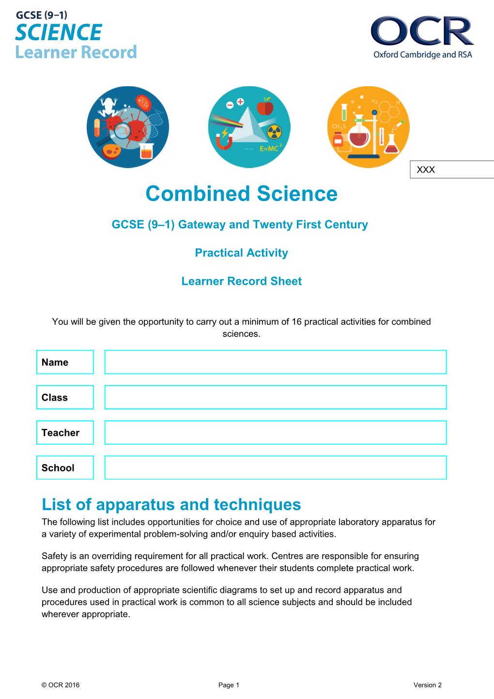 OCR GCSE (9 1) Gateway and Twenty First Century Combined Science Practical Activity