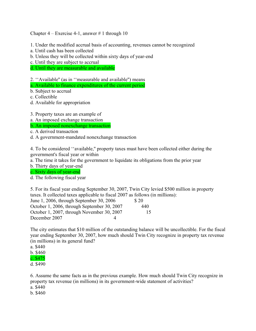 Chapter 4 Exercise 4-1, Answer # 1 Through 10