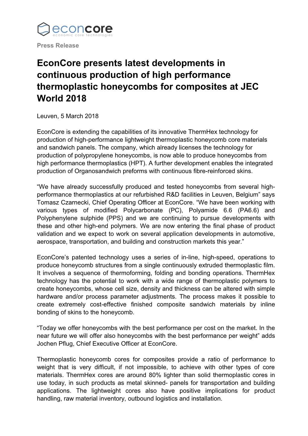 Econcore Presents Latest Developments in Continuous Production of High Performance Thermoplastic