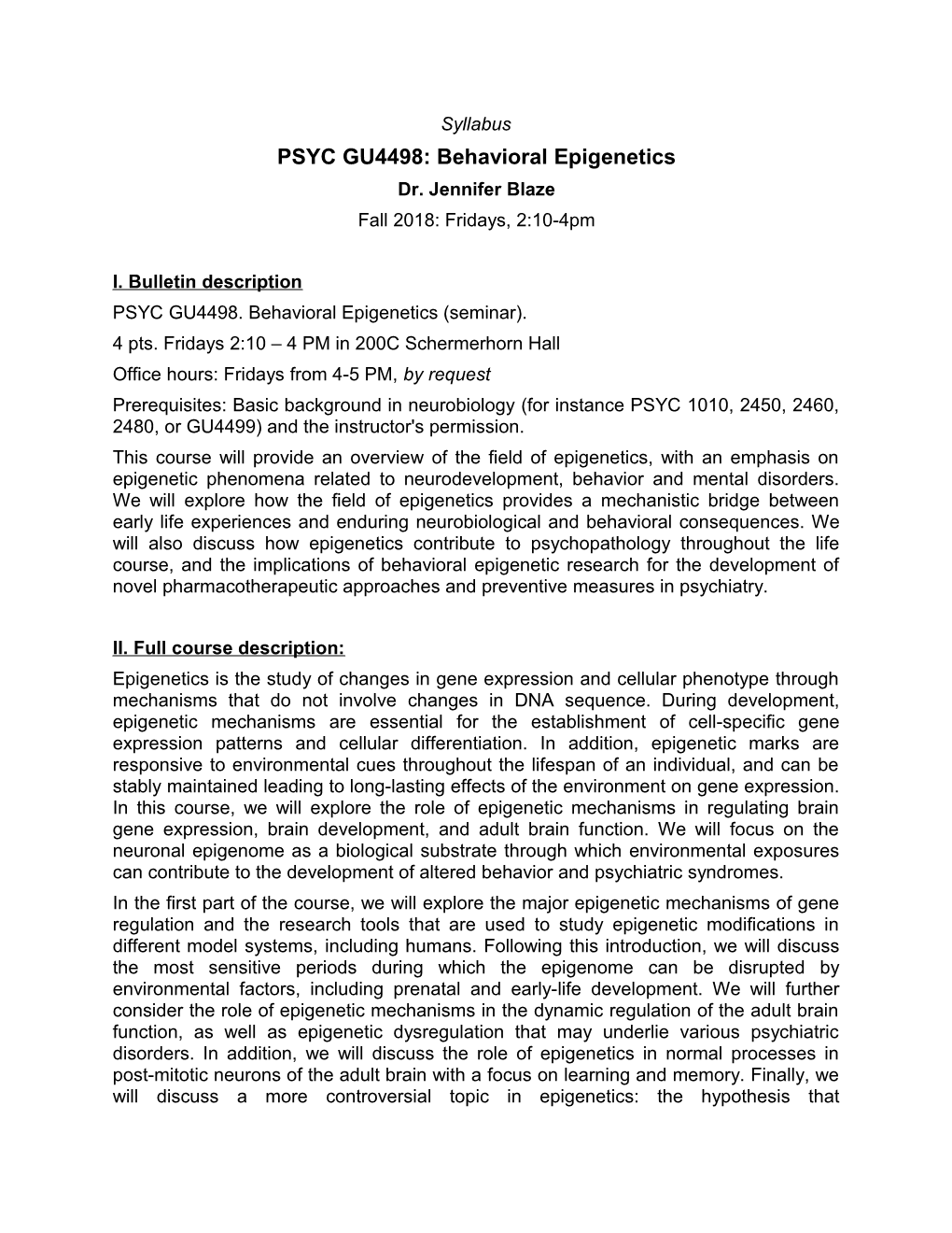 PSYC GU4498: Behavioral Epigenetics