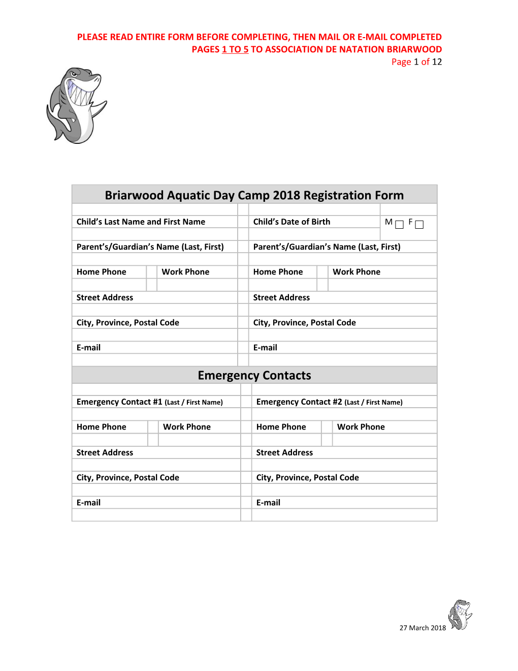 Briarwood Aquatic Day Camp 2018 Registration Form