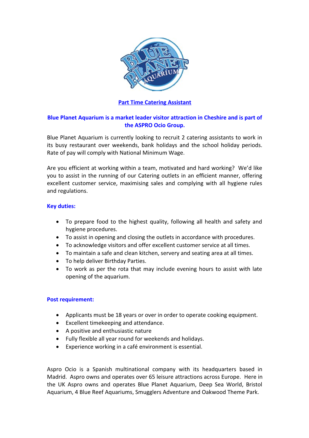 Part Time Catering Assistant s1