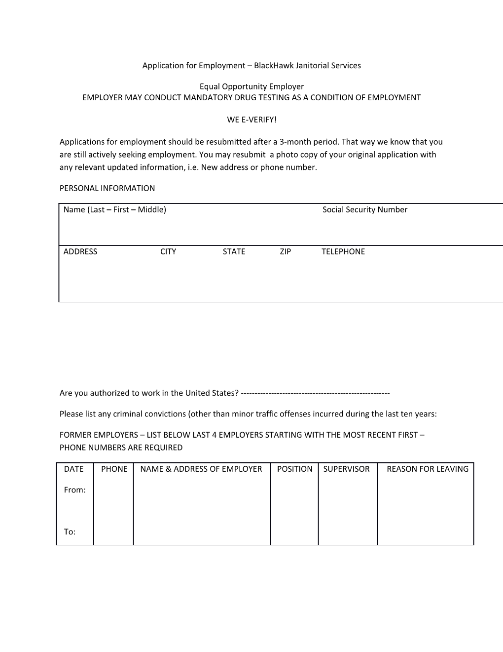 Application for Employment Blackhawk Janitorial Services