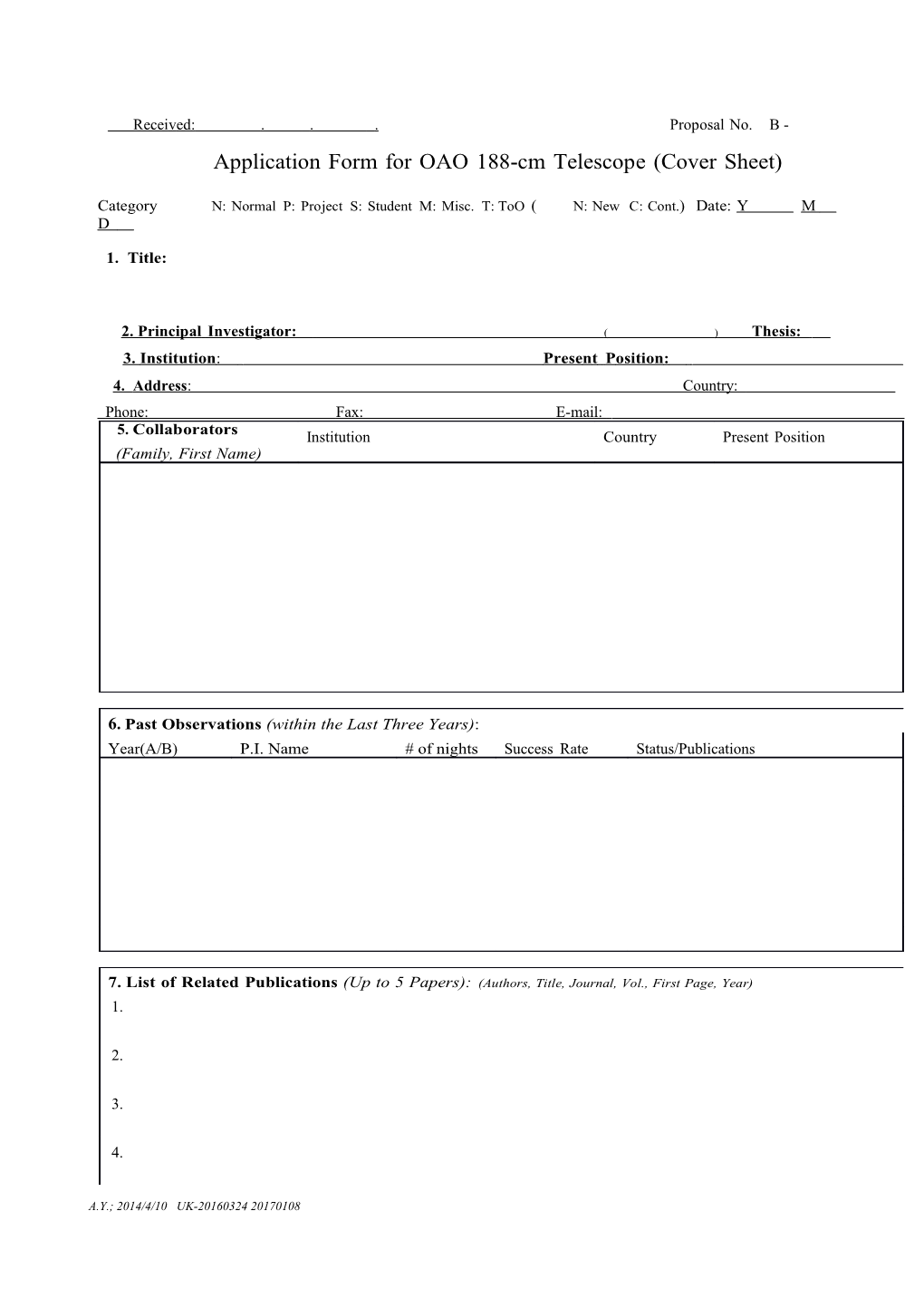 Application Form for OAO 188-Cm Telescope (Cover Sheet)