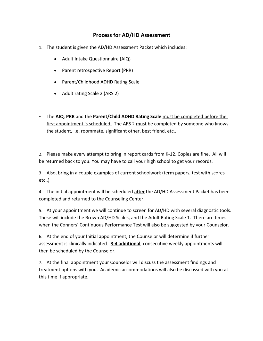 Process for AD/HD Assessment