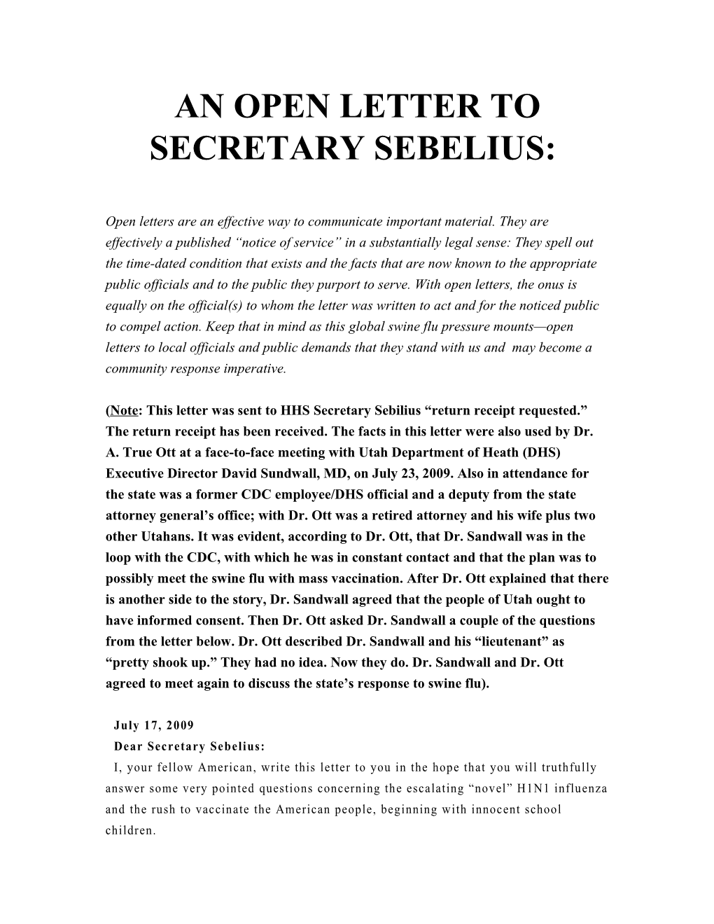 An Open Letter to Secretary Sebelius