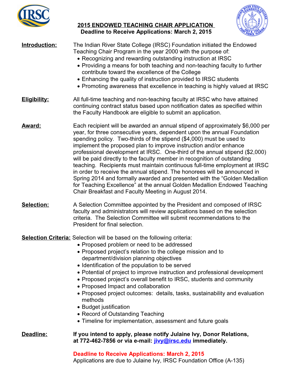 2007 Endowed Teaching Chair Application Form