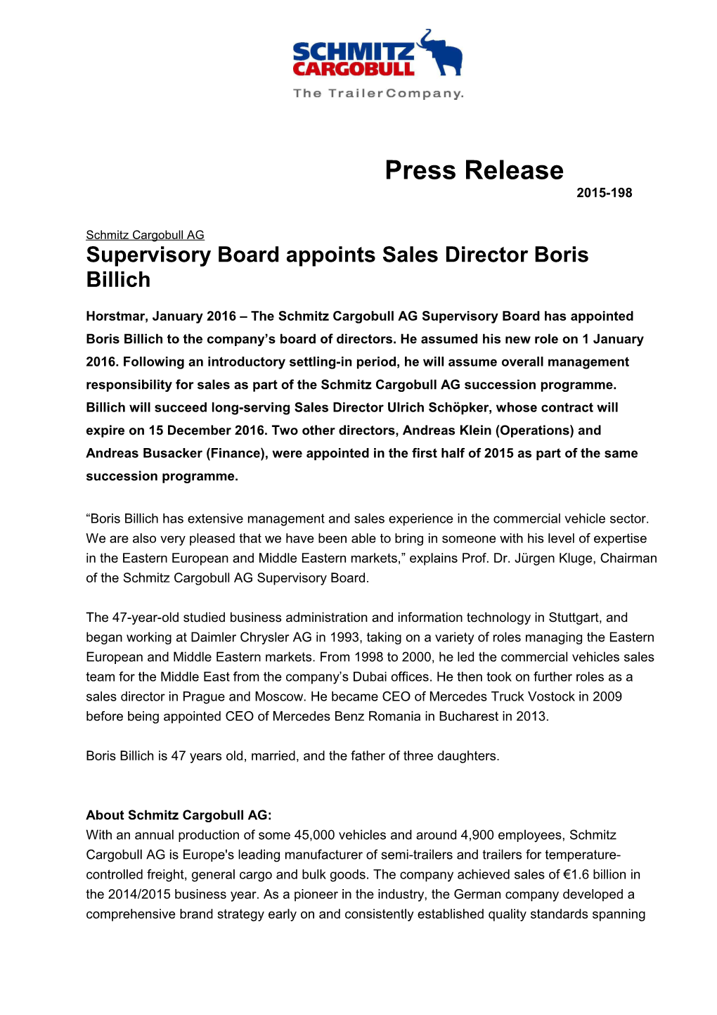 Supervisory Board Appoints Sales Director Boris Billich