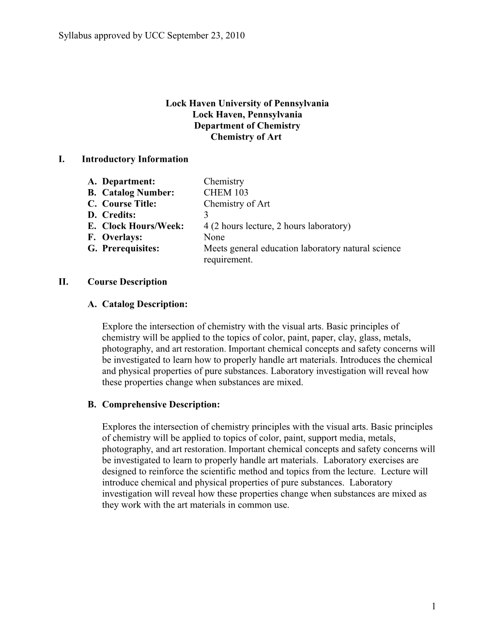 Syllabus Approved by UCC September 23, 2010