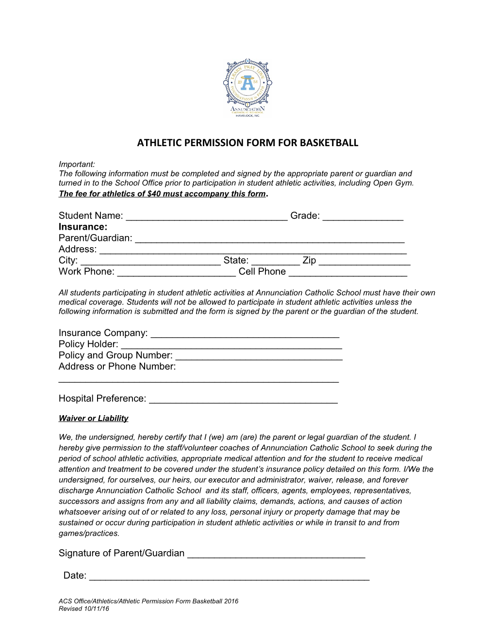 Athletic Permission Form for Basketball