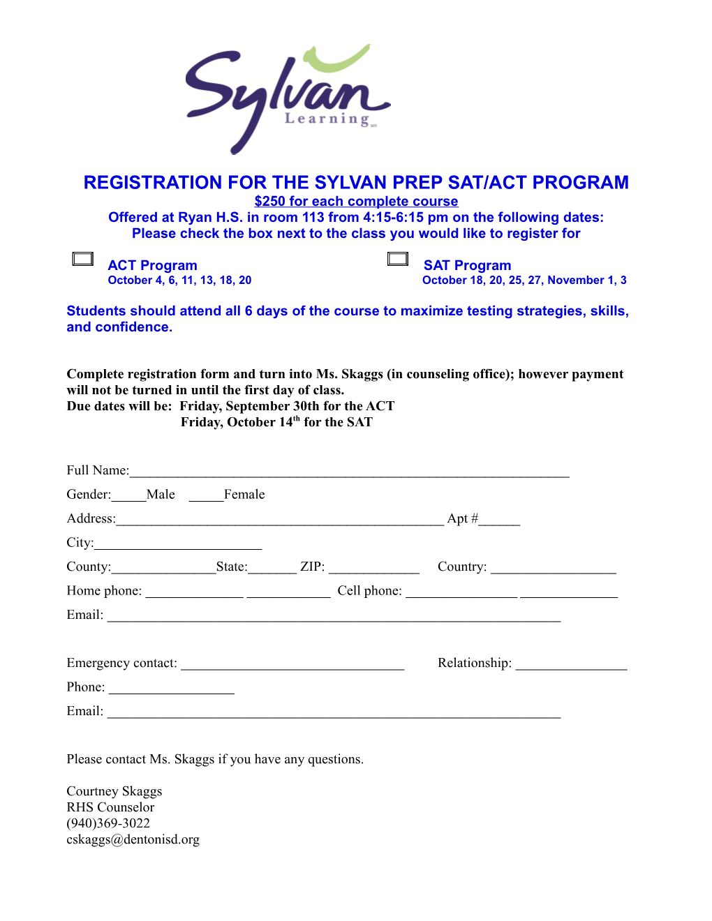 Registration for the Sylvan Prep Sat/Act Program