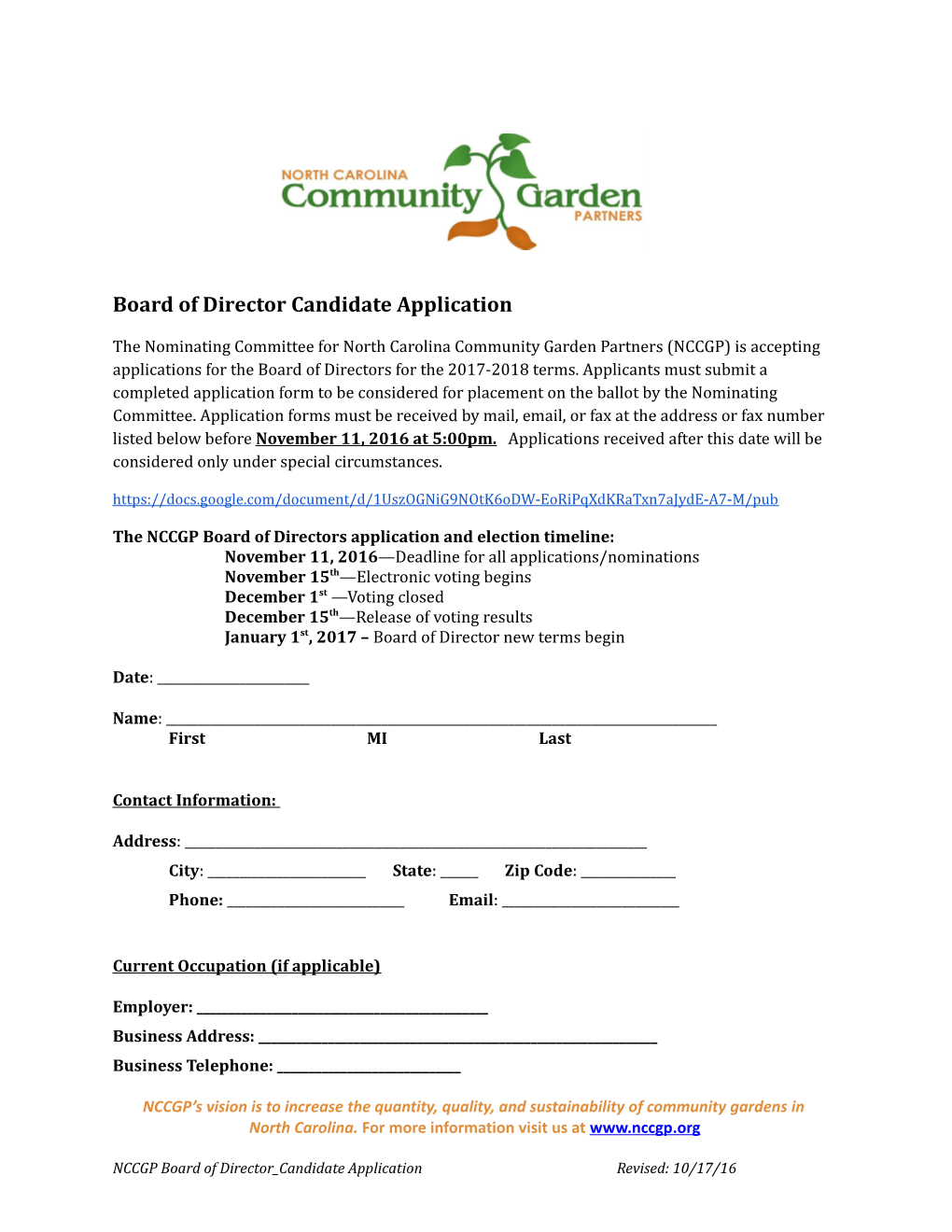 Board of Director Candidate Application