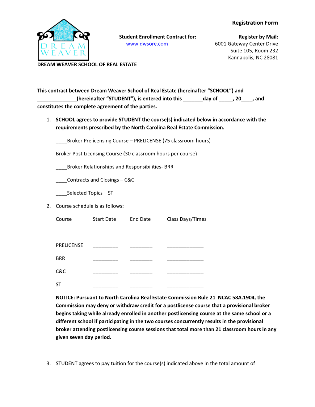 Student Enrollment Contract For: Register by Mail