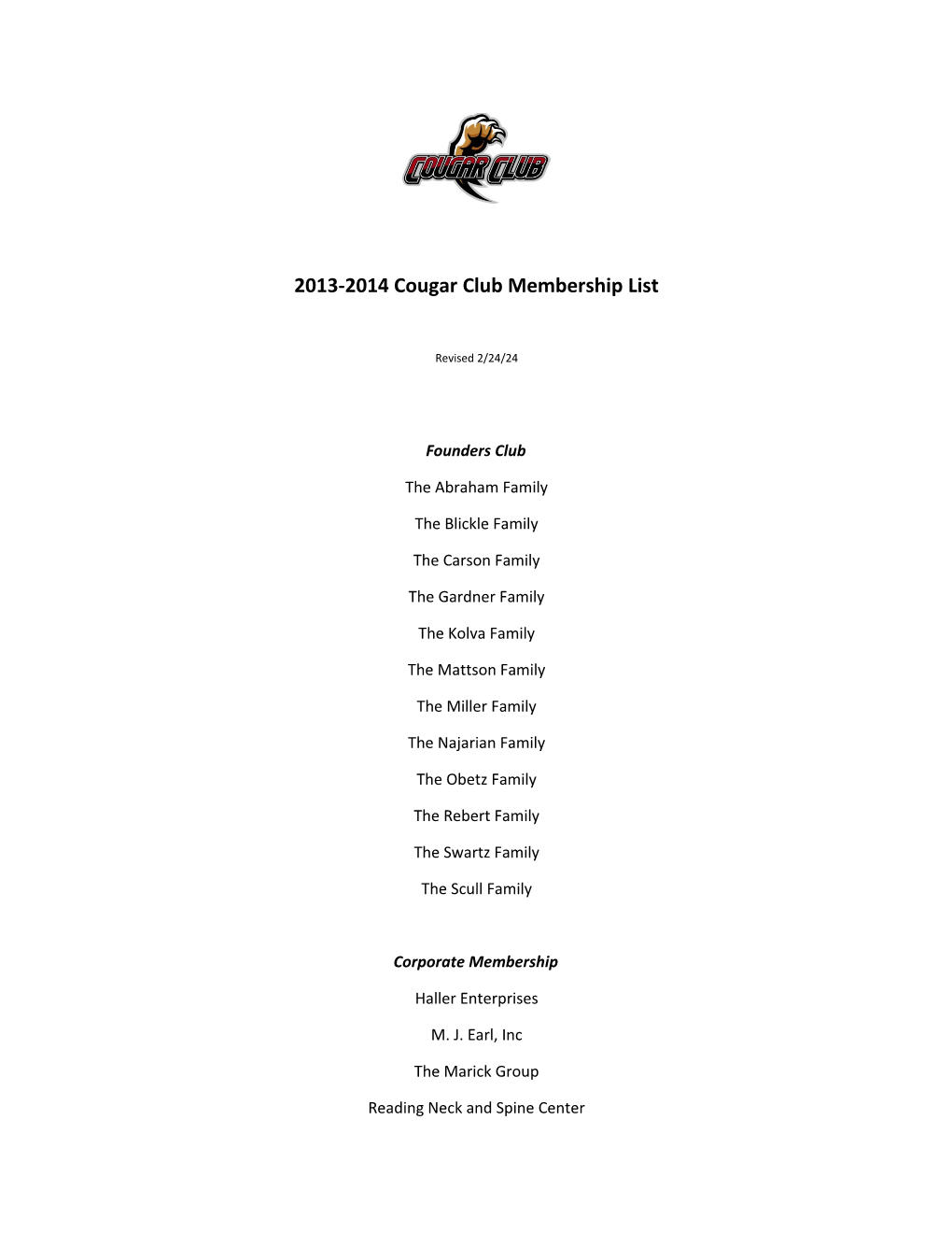 2013-2014 Cougar Club Membership List