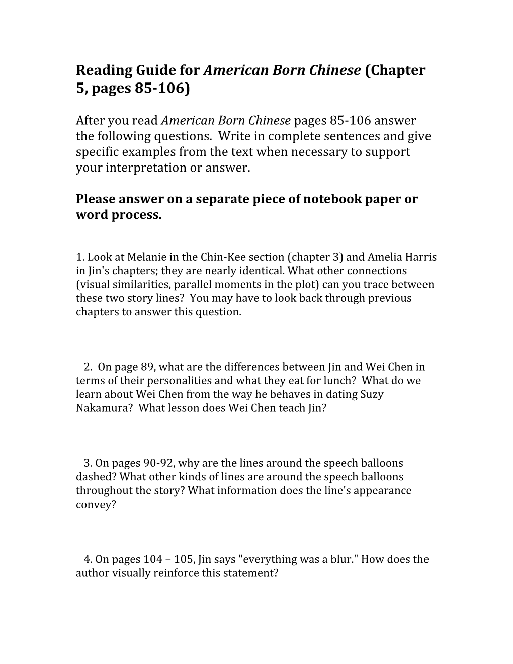 Reading Guide for American Born Chinese (Chapter 5, Pages 85-106)