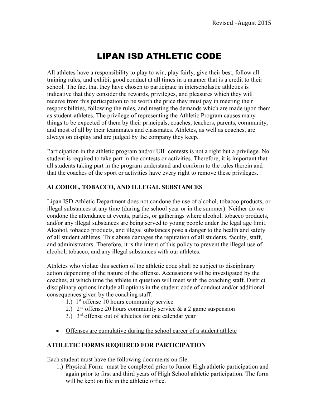 Lipan Isd Athletic Code