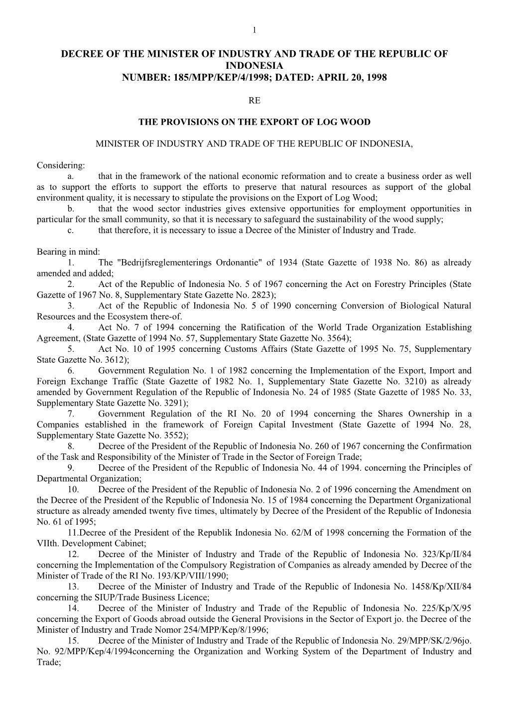 Decree Ofthe Minister of Industry and Trade Ofthe Republic Ofindonesia