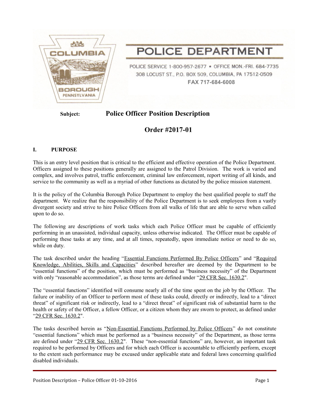Subject: Police Officer Position Description