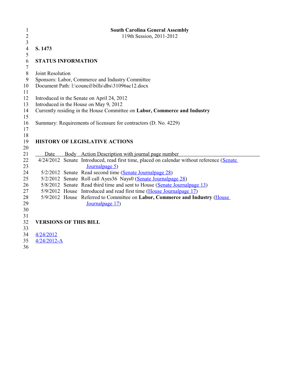 2011-2012 Bill 1473: Requirements of Licensure for Contractors (D. No. 4229) - South Carolina