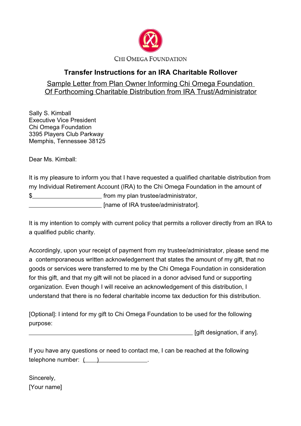 Transfer Instructions for an IRA Charitable Rollover
