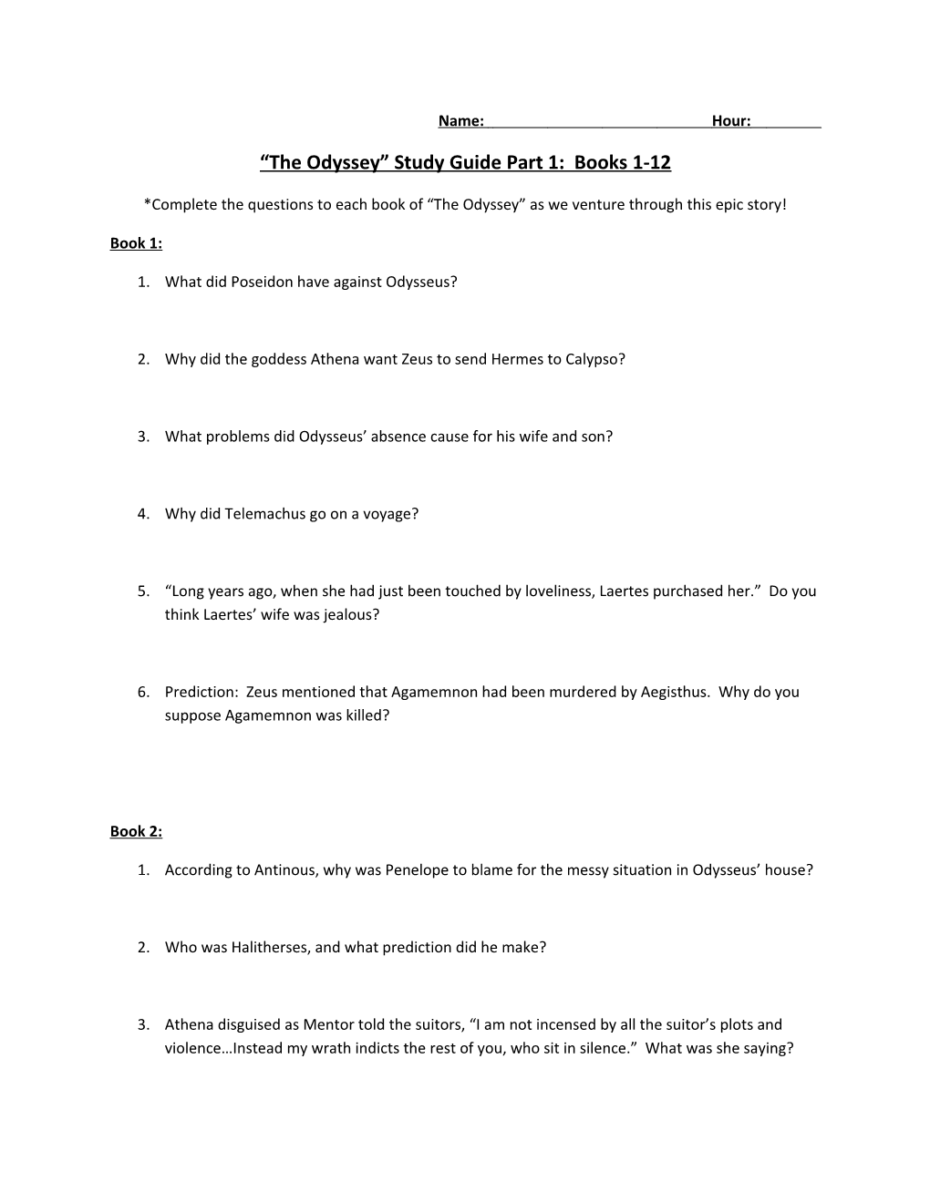 The Odyssey Study Guide Part 1: Books 1-12