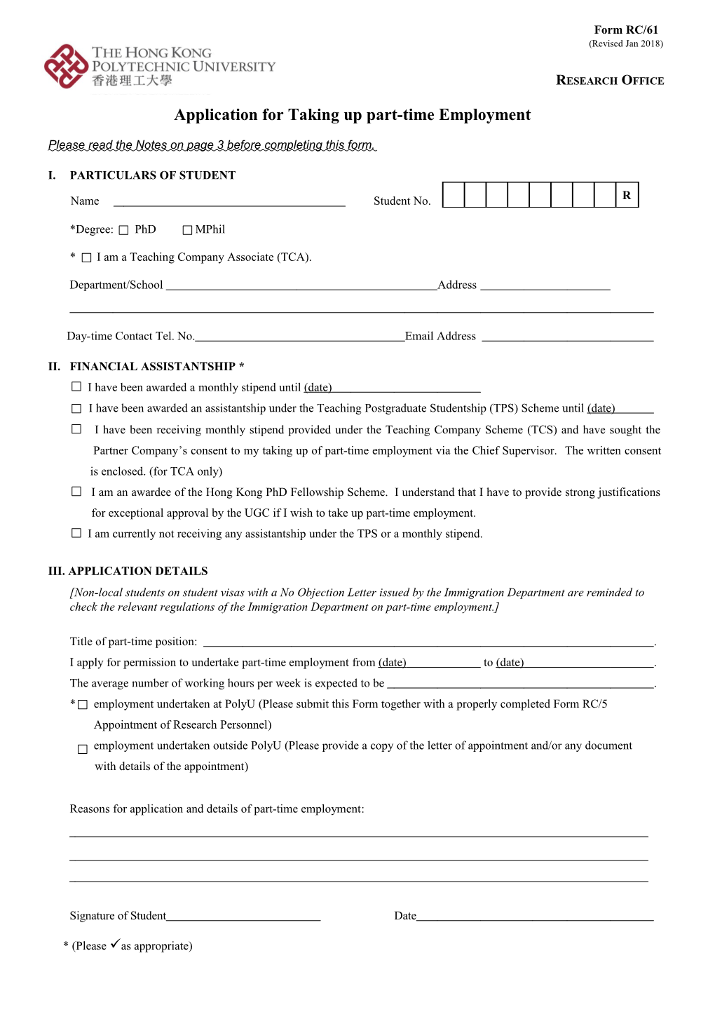 Application for Taking up Part-Time Employment