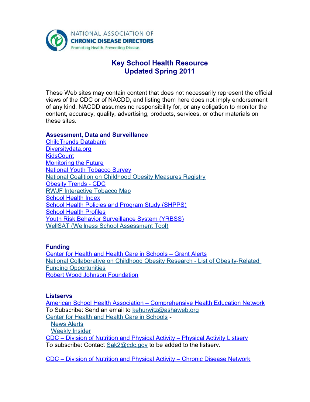 Key School Health Resource Updated Spring 2011