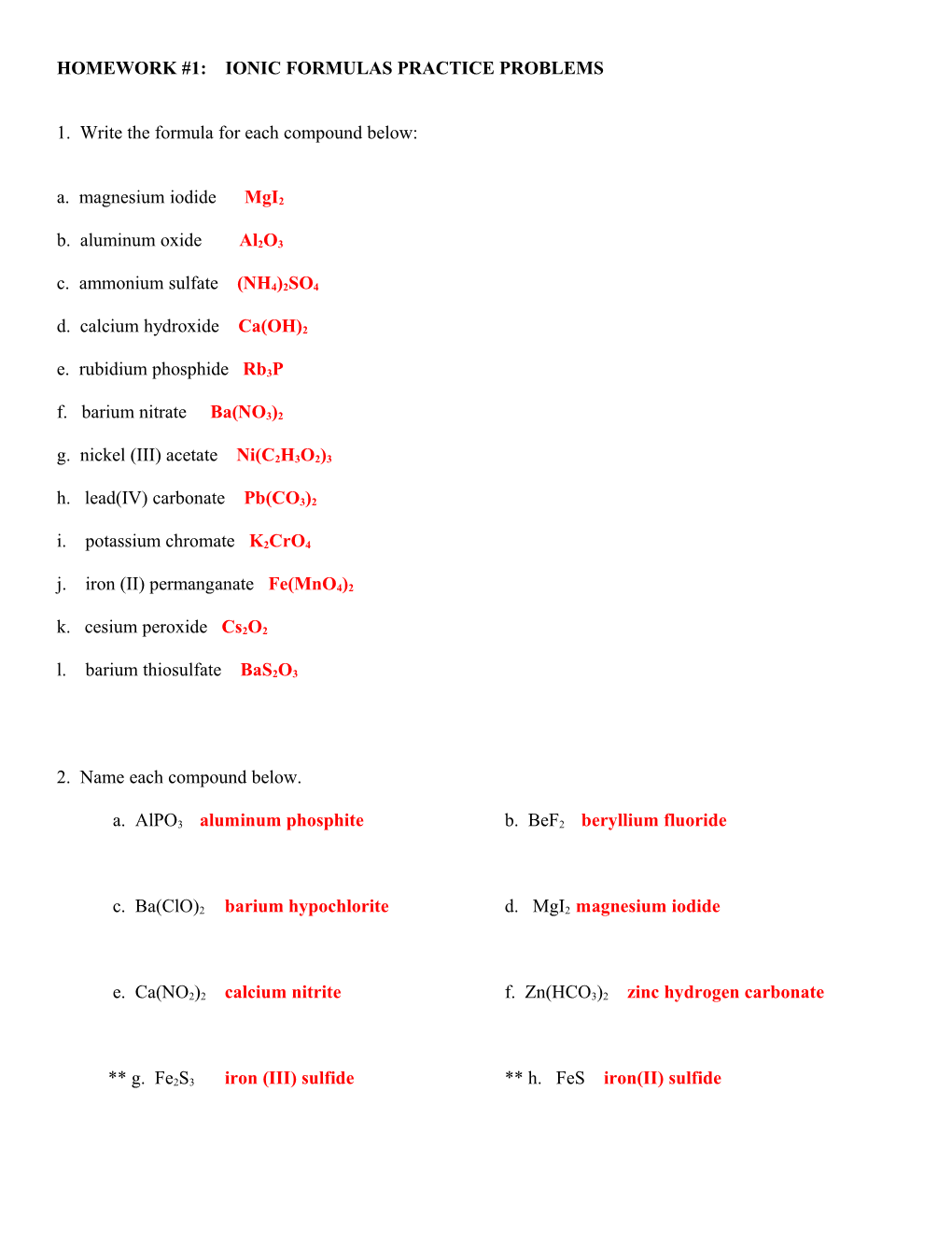 Homework #1: Ionic Formulas Practice Problems