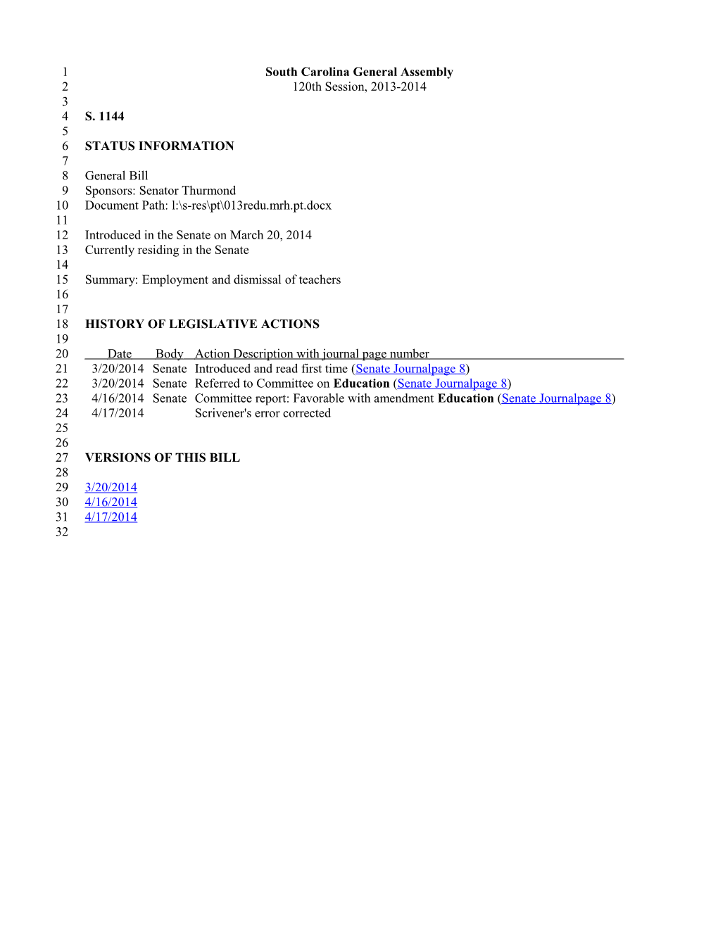2013-2014 Bill 1144: Employment and Dismissal of Teachers - South Carolina Legislature Online