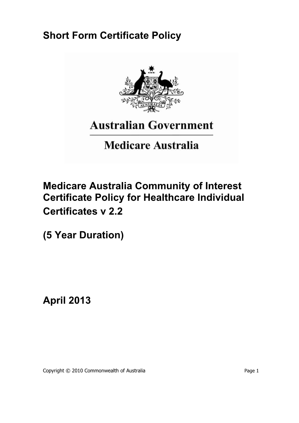 Medicare Australia Community of Interestcertificate Policy for Healthcare Individual