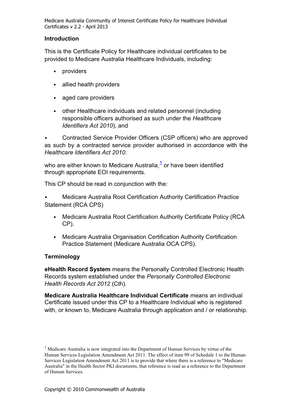 Medicare Australia Community of Interestcertificate Policy for Healthcare Individual