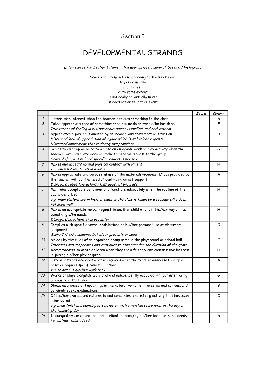 Enter Scores for Section 1 Items in the Appropriate Column of Section 1 Histogram