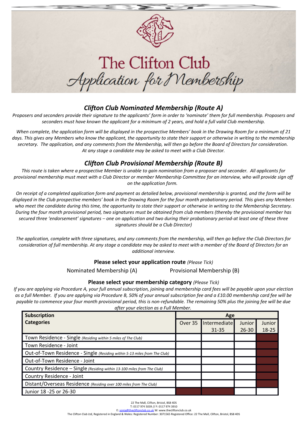 Clifton Club Nominated Membership (Route A)