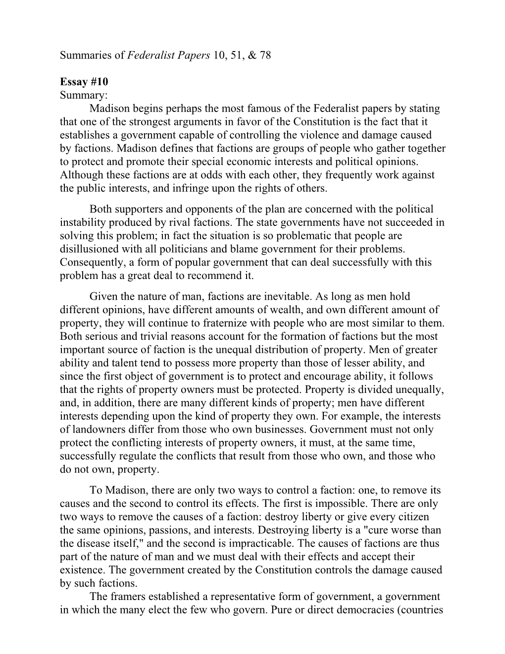 Summaries of Federalist Papers 10, 51, & 78