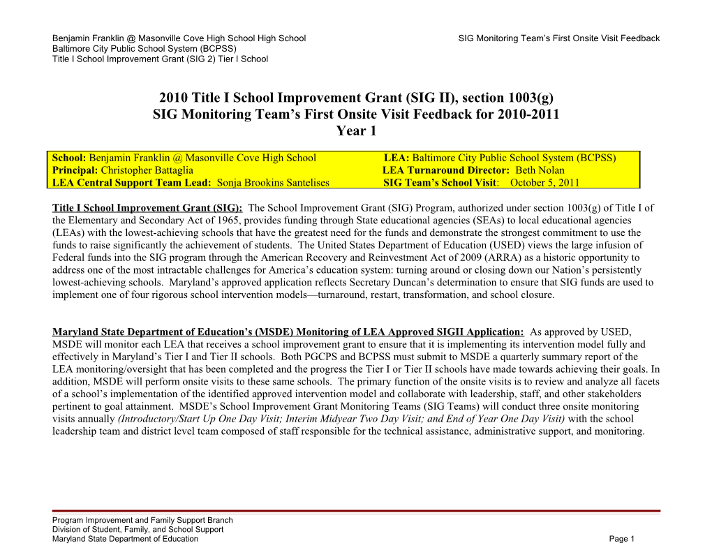 Title I School Improvement Grant (SIG), Section 1003(G)