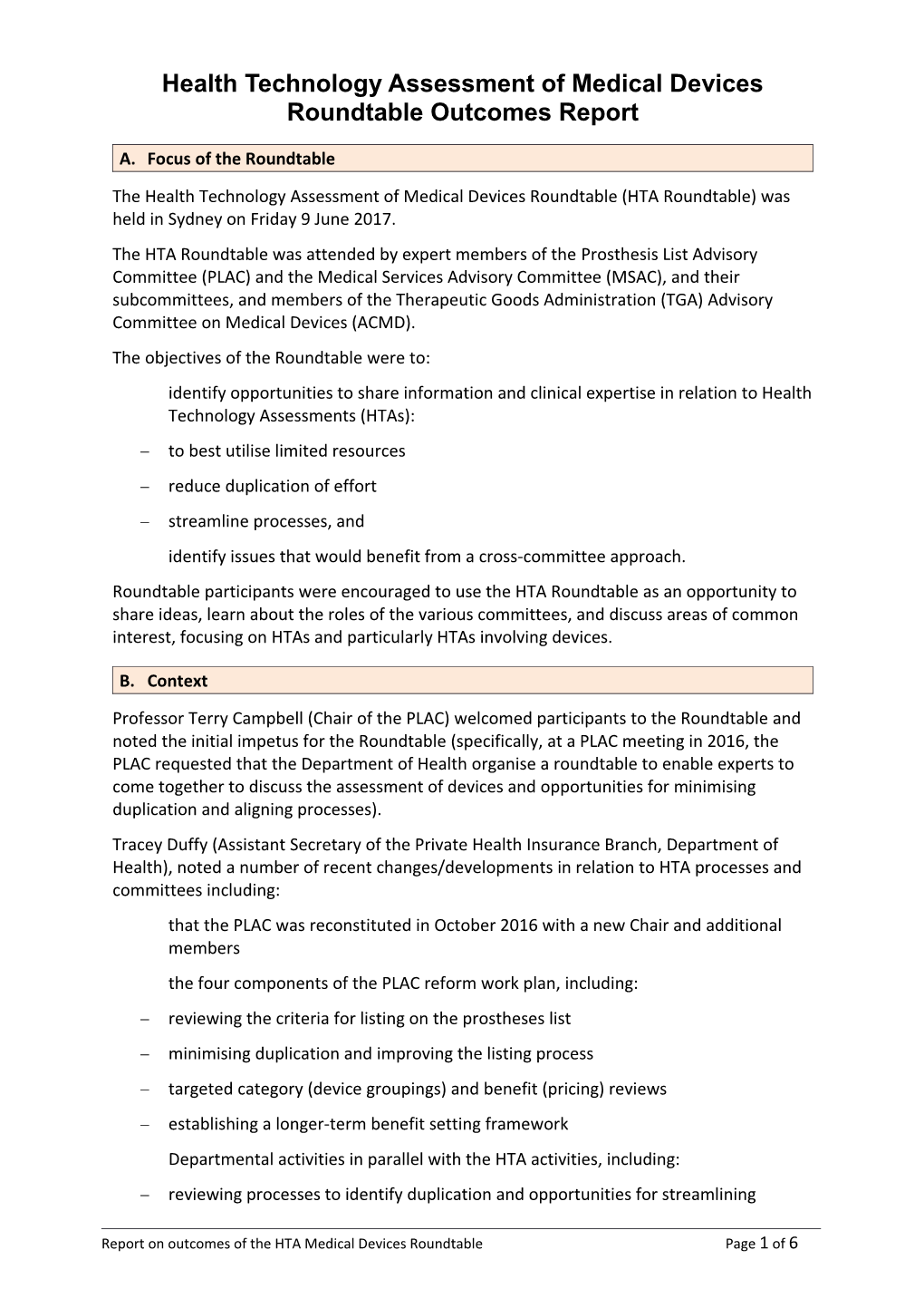 Health Technology Assessment of Medical Devices Roundtable Outcomes Report