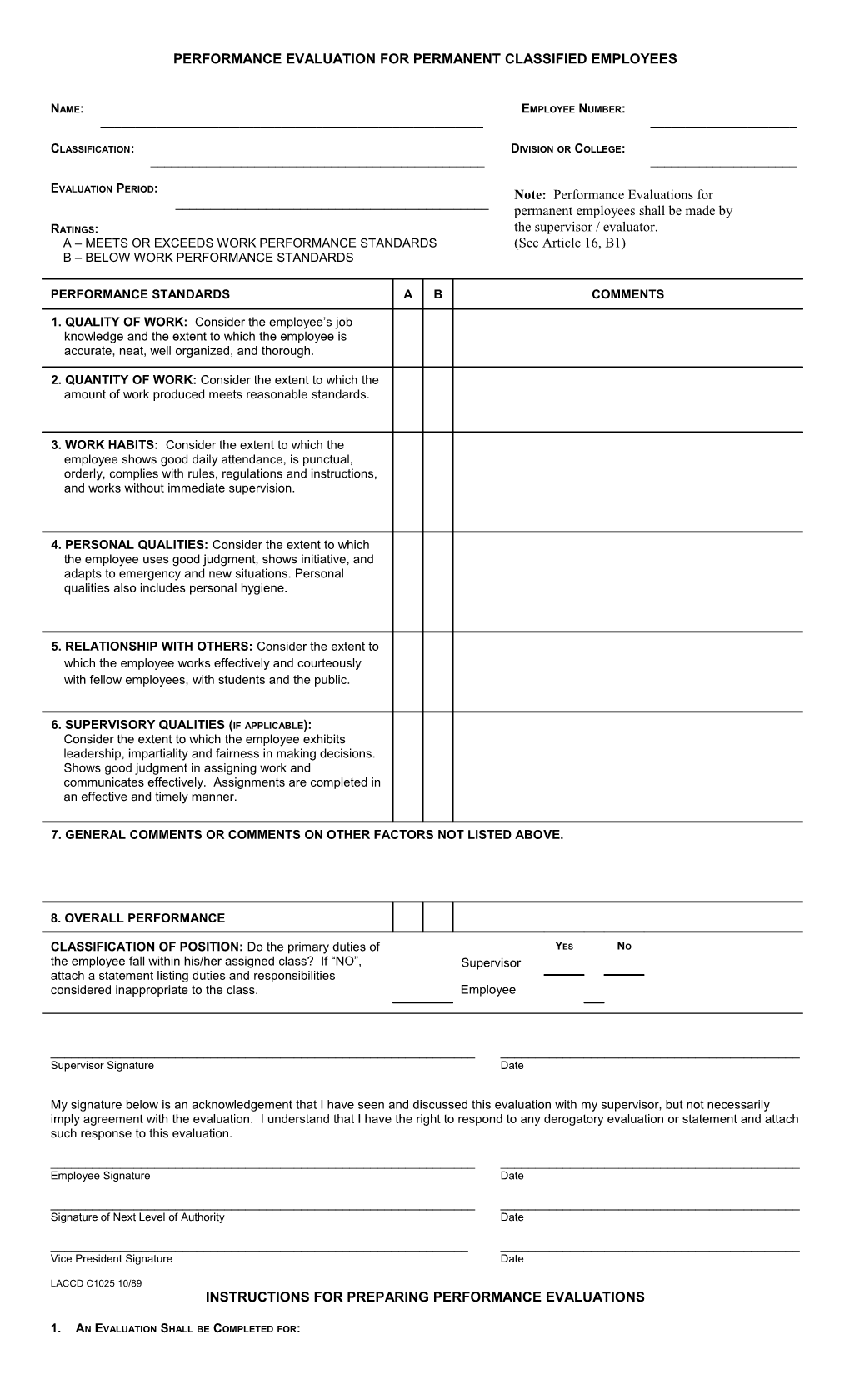 Performance Evaluation for Permanent Classified Employees