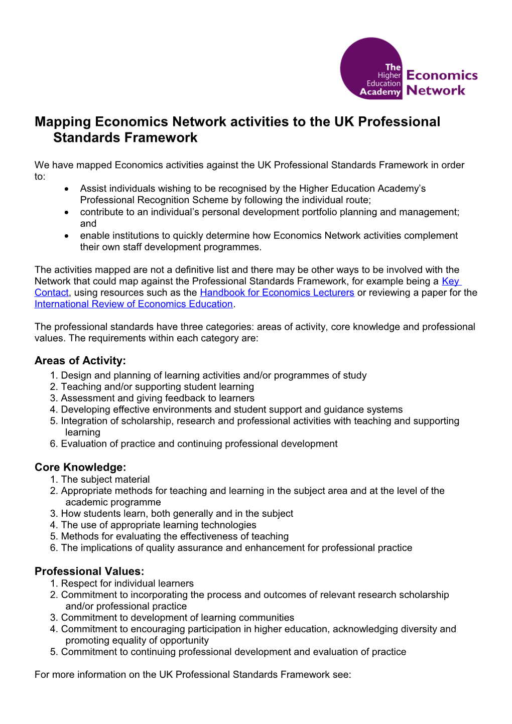 Mapping Economics Netork Activities to the UK Professional Standards Framework