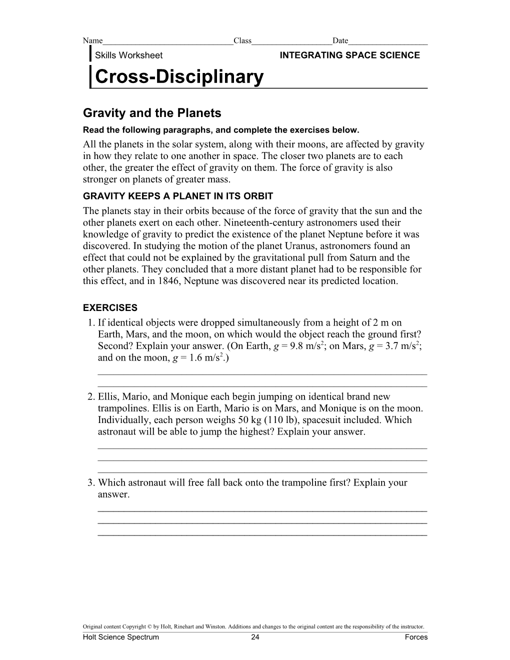 Skills Worksheet INTEGRATING SPACE SCIENCE