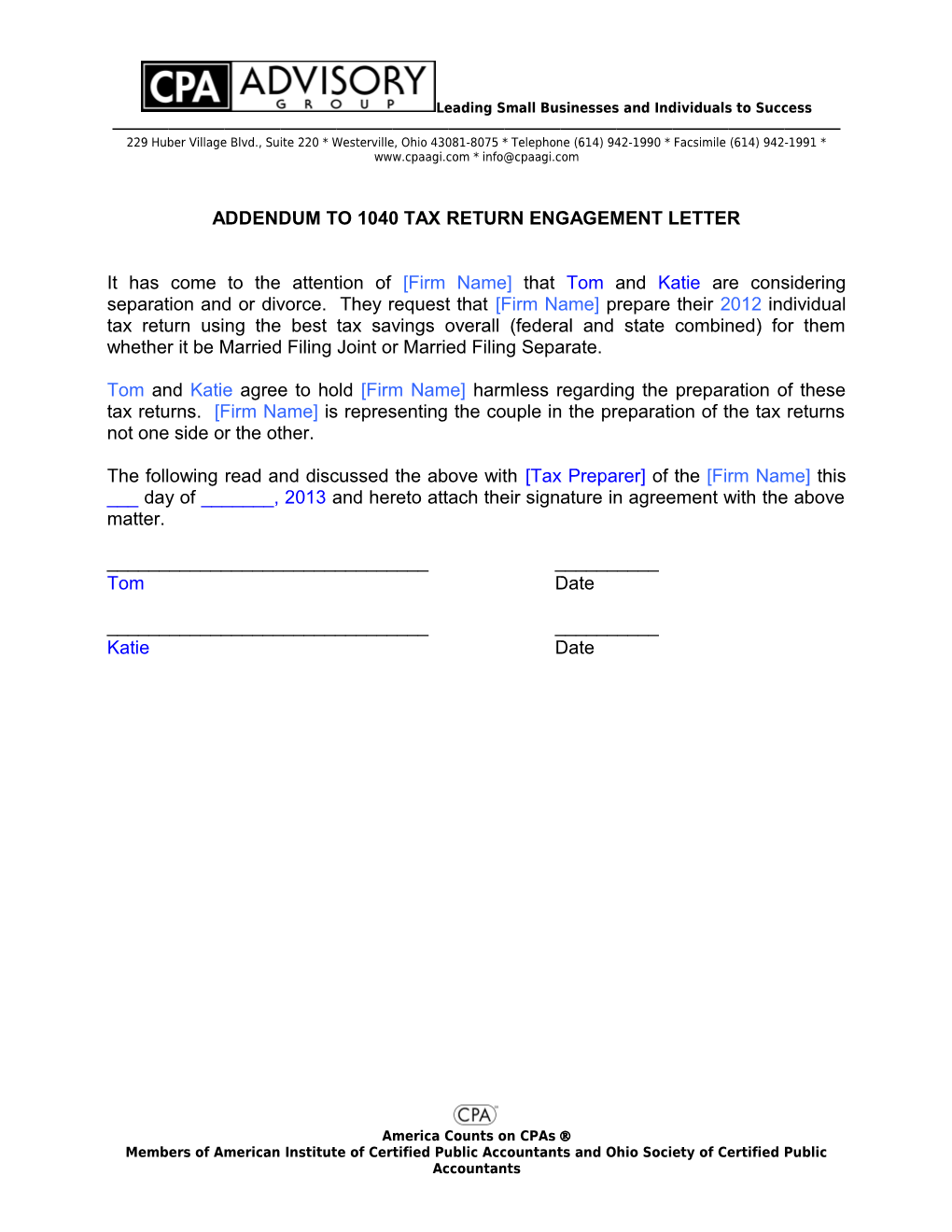 Addendum to 1040 Tax Return Engagement Letter