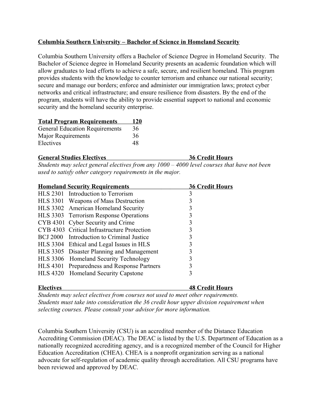 Columbia Southern University Bachelor of Science in Homeland Security