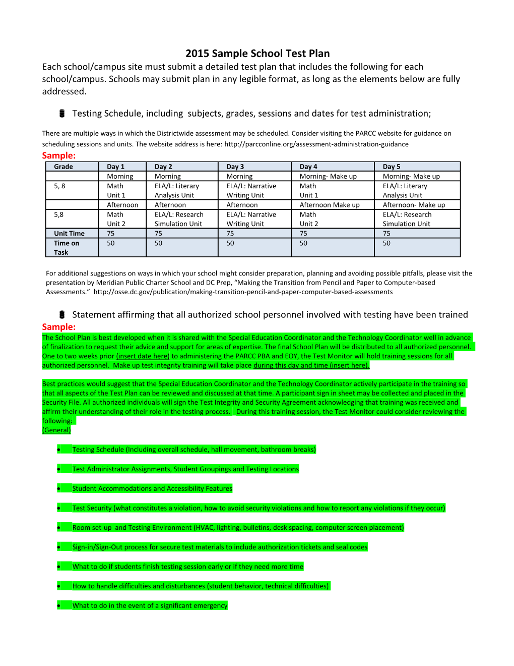 2015 Sample School Test Plan