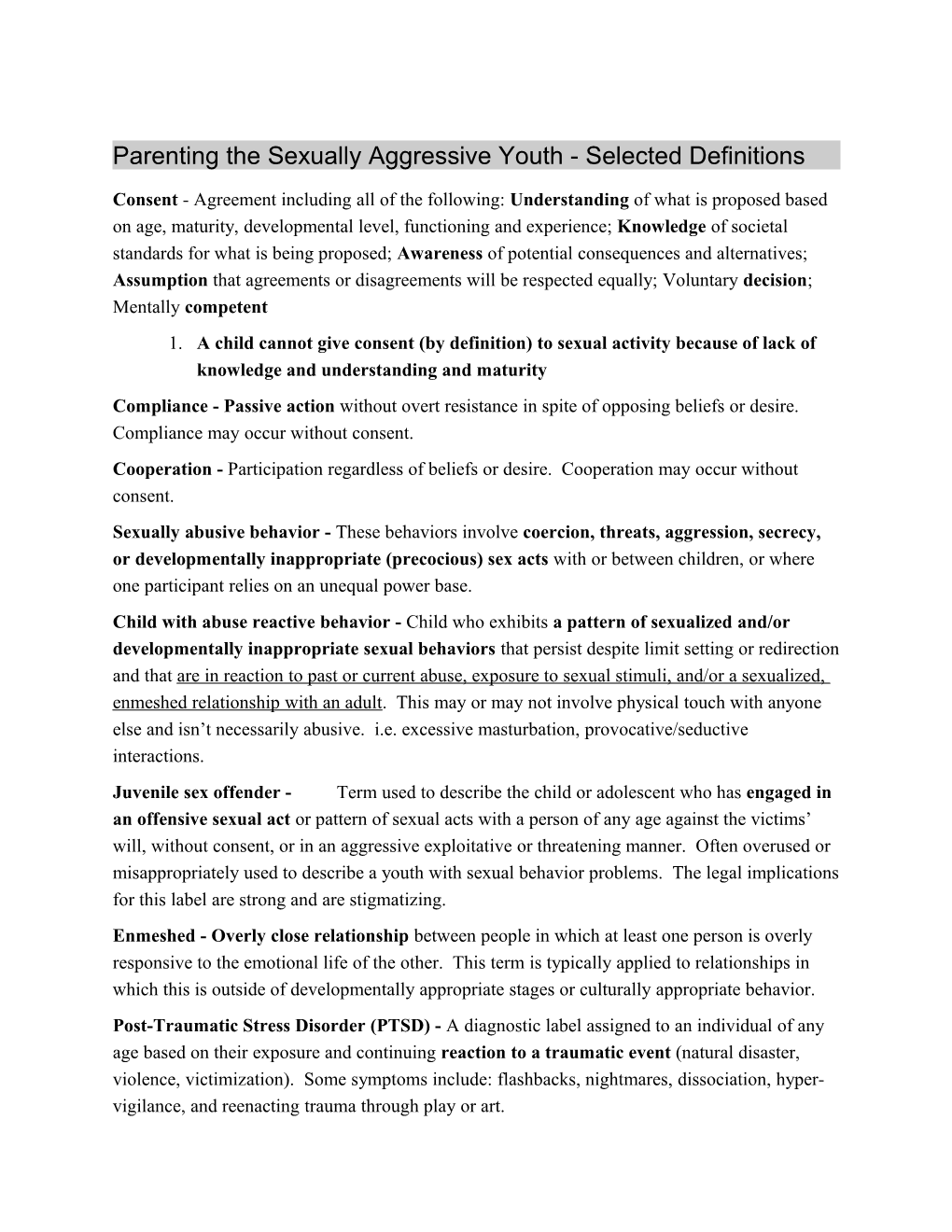 Parenting the Sexually Aggressive Youth - Selected Definitions