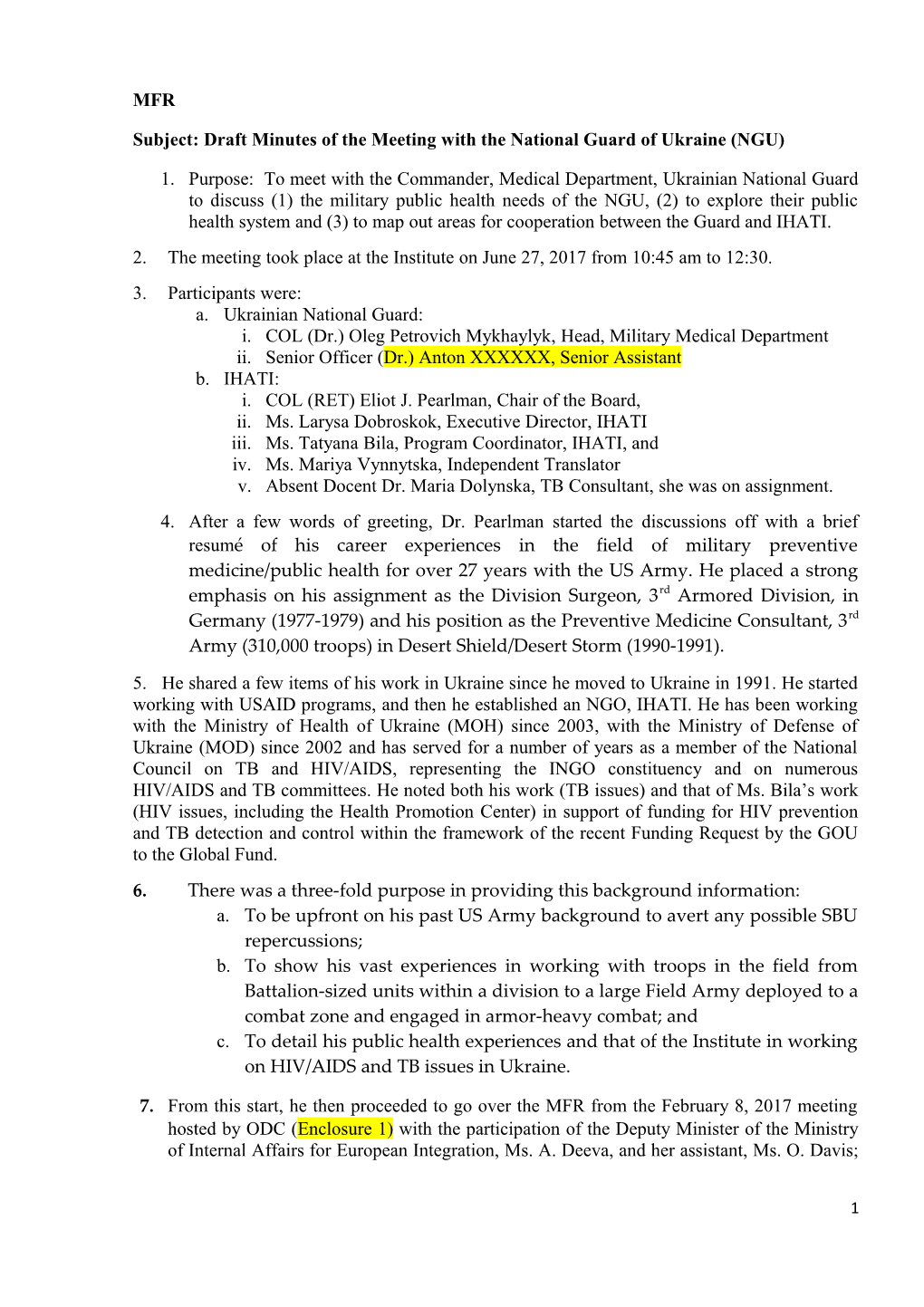 Subject: Draft Minutes of the Meeting with the National Guard of Ukraine (NGU)
