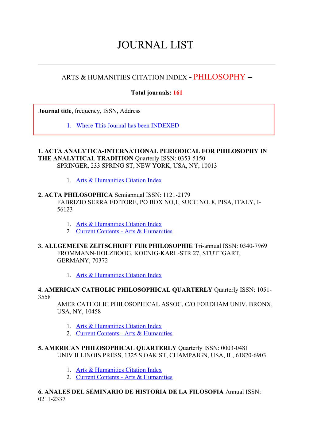 Arts & Humanities Citation Index - Philosophy