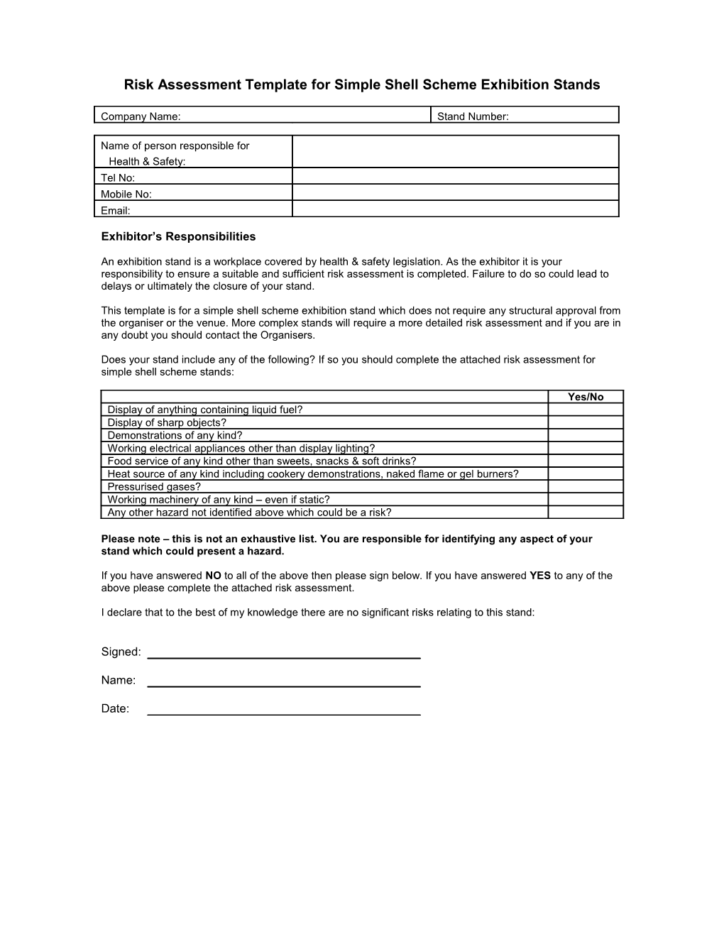 Risk Assessment Template for Simple Shell Scheme Exhibition Stands